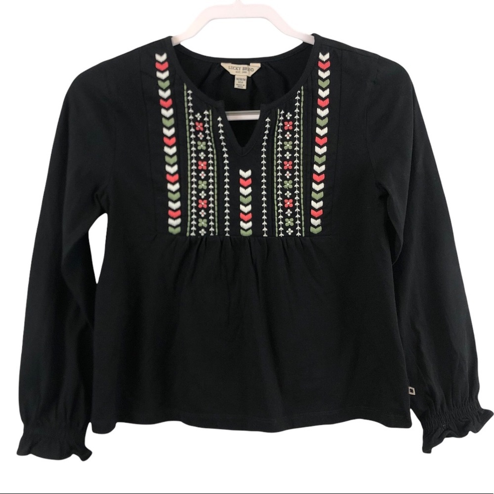 Lucky Brand Black Embroidered Knot Top